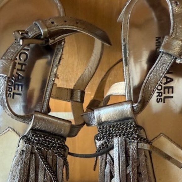 Pre-Loved Pewter Metallic Michael Kors Fringe Strappy Sandals - Size 7 - Picture 5 of 7